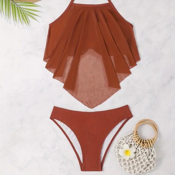 Caramel Solid Color Two Piece Bikini Sets Swimsuit, Halter Neck High Waist - Picture 10 of 10